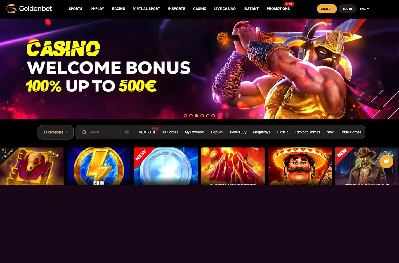 Goldenbet Casino lobby and welcome offer screenshot