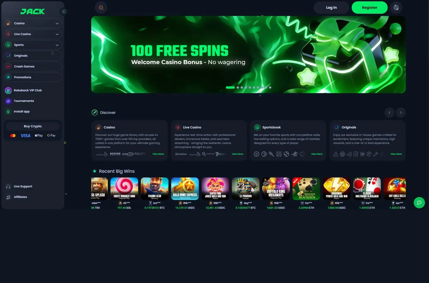 Jack.com Casino lobby and welcome offer screenshot