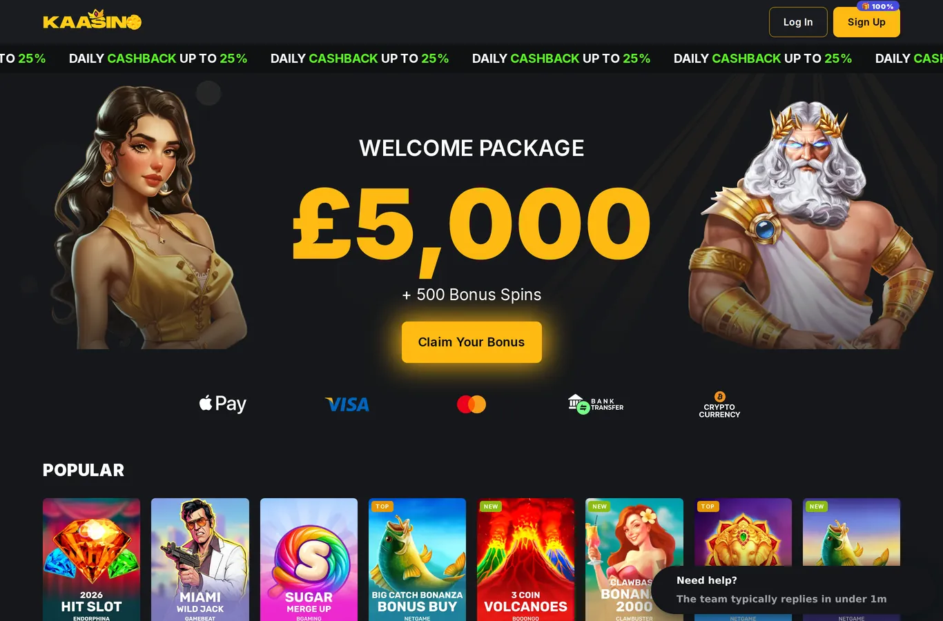 Kaasino Casino lobby and welcome package screenshot