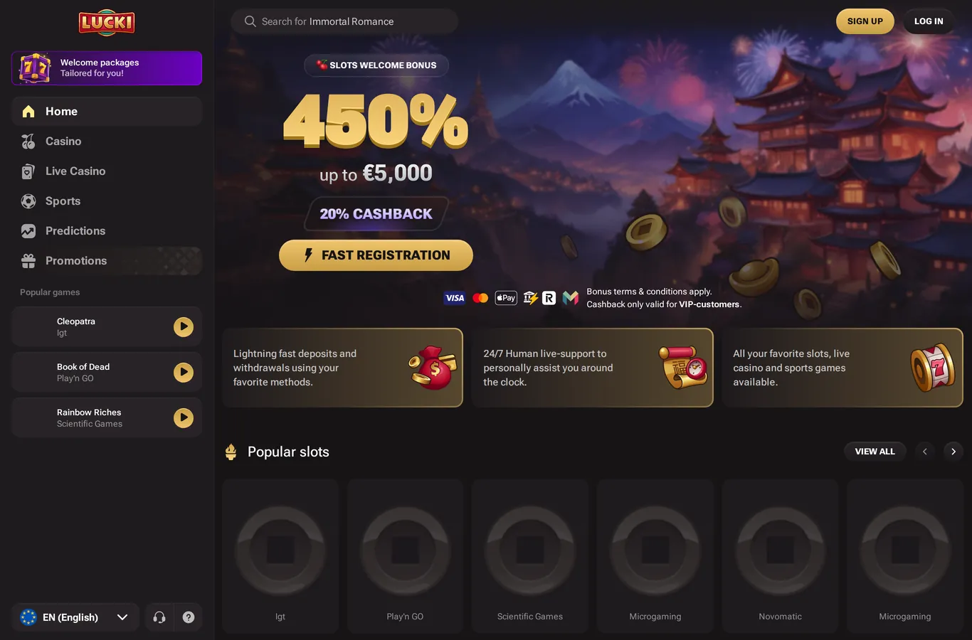 Lucki Casino Casino lobby and welcome offer screenshot