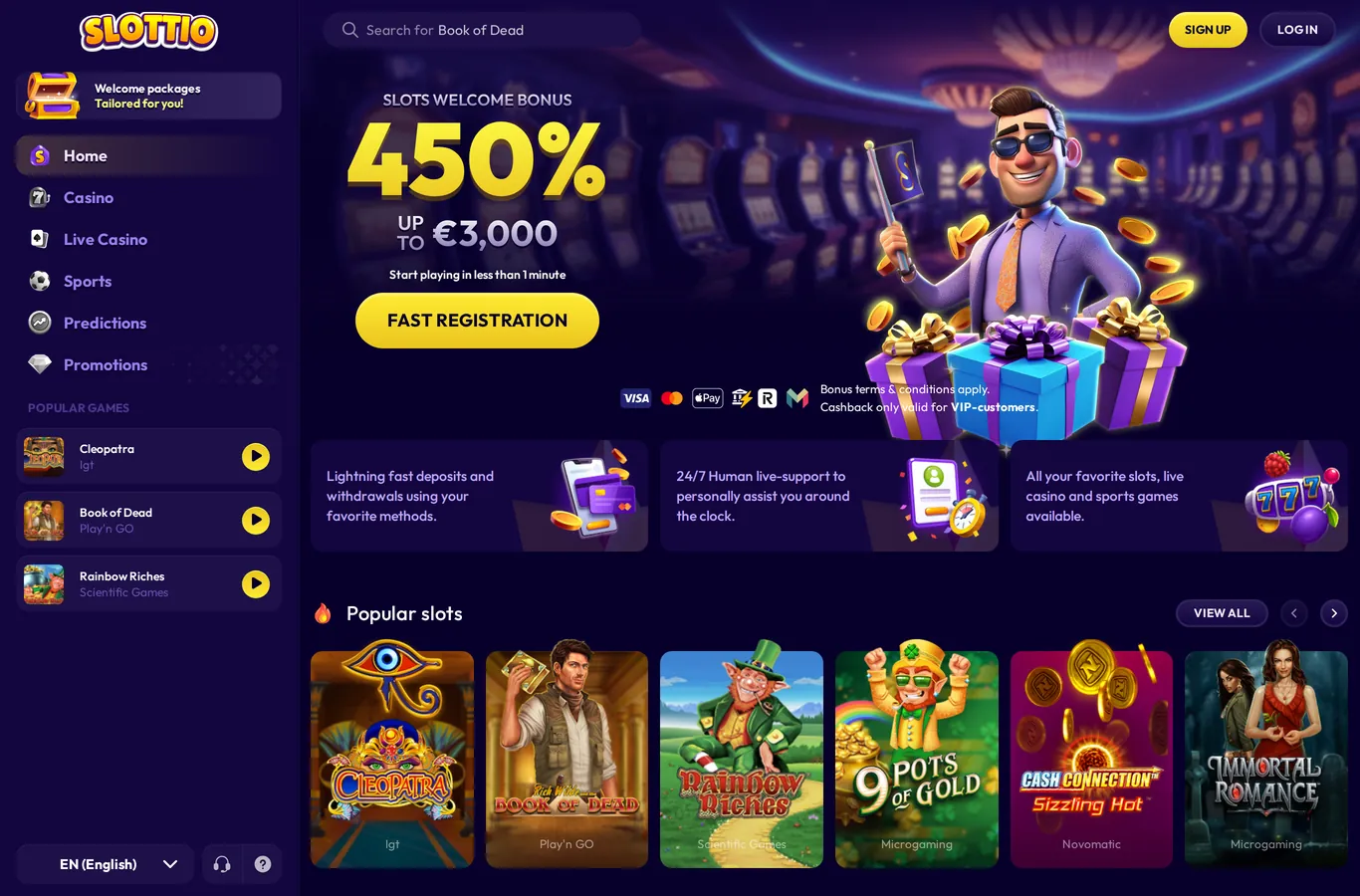 Slottio Casino lobby and welcome offer screenshot