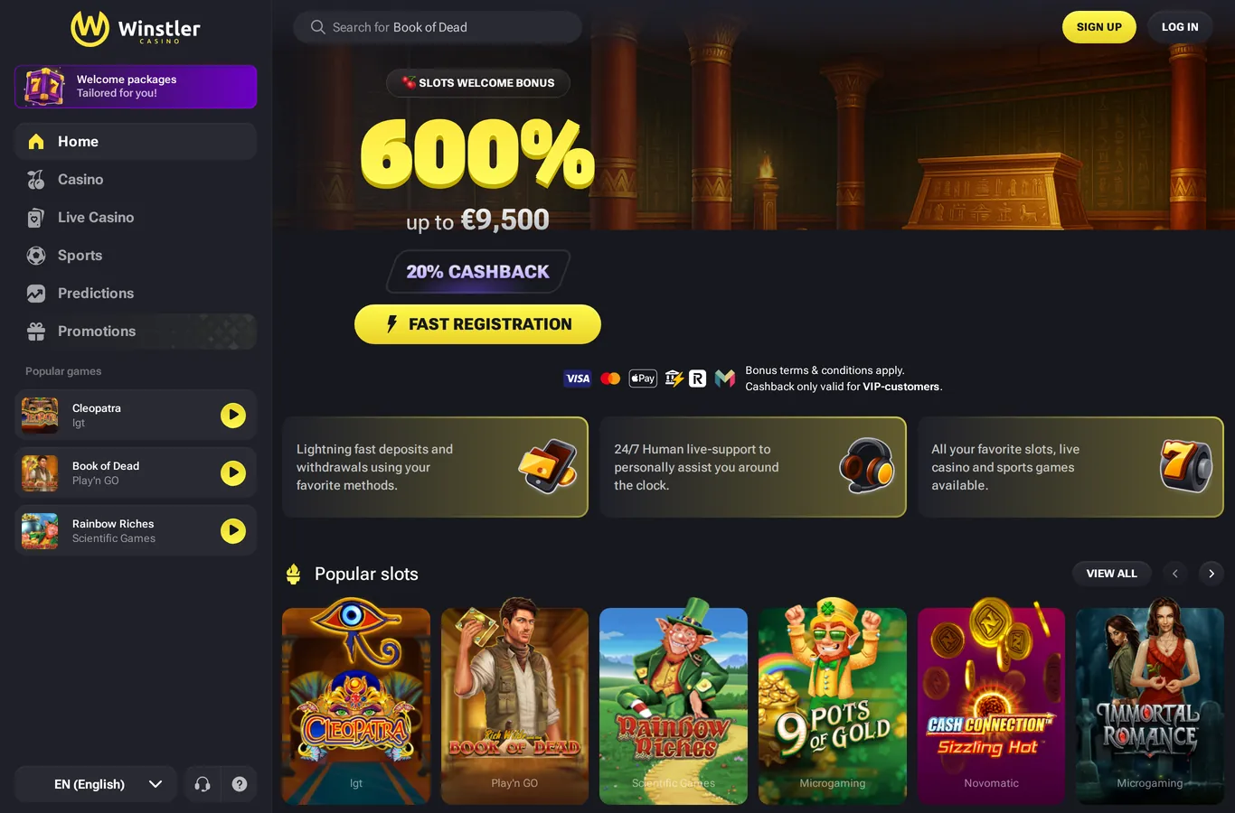 Winstler Casino lobby and welcome offer screenshot